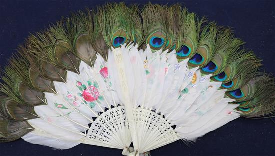 Two Chinese painted peacock feather and bone fans